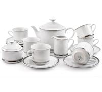 Service à thé, porcelaine Leander Meadows de Karlovy Vary, Sabina - rayure platine, 15 pièces