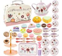 Service à thé pour enfants de 46 pièces, amusant, avec théière, service à thé pour enfants, dessert et support à gâteau et sac de transport, jeu de rôle pour filles de 3 à 9 ans (rose)