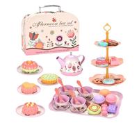 Service À Thé pour Petites Filles - Jeu De Simulation pour Fête De Thé | Ensembles De Thés Jouets, Fleur en Étain avec Étui De Transport Et Nourriture De Jeu pour Garçons Et Filles Âgés De 3 À