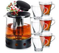 Service à thé VILDE - Théière avec infuseur et chauffe-plat - 1,5L - Verre borosilicaté - Noir