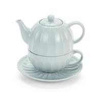 Service combiné de 18 pièces en grès pour 6 personnes, rose pastel, pour le printemps, l'été, Pâques (bleu pastel, cafetière avec tasse et soucoupe)