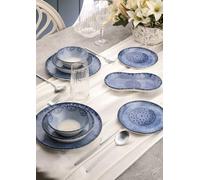 Service de dîner bleu de 27 pièces, 100% porcelaine, avec assiettes de service, bols, assiettes à dessert et assiettes de bateau. Passe au lave-vaisselle et au micro-ondes