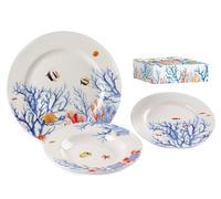 Service de plats de mer 18 pièces Thème Marino Collection Ocean en porcelaine d'auteur Nàvel 6 fonds Ø 21,5 cm, 6 étages Ø 20,4 cm et 6 étages Ø 26,5 cm avec élégante boîte lithographiée