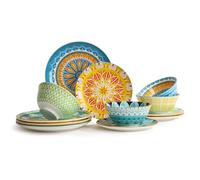 Service de table 12 pièces en céramique moderne avec assiettes, bols et assiettes colorées - Idéal pour une pendaison de crémaillère - Passe au micro-ondes et au lave-vaisselle - Service pour 4