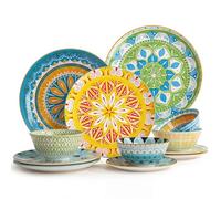 Service de table 12 pièces en céramique moderne avec assiettes, bols et assiettes colorées - Idéal pour une pendaison de crémaillère - Passe au micro-ondes et au lave-vaisselle - Service pour 4