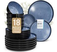 Service de table 18 pièces pour 6 personnes - Beau service de table en grès de style méditerranéen pour 6 personnes - Passe au lave-vaisselle et au micro-ondes - Service de pour 6 Bleu Profond