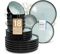 Service de table 18 pièces pour 6 personnes - Beau service de table en grès de style méditerranéen pour 6 personnes - Passe au lave-vaisselle et au micro-ondes - Service de pour 6 Vert Sauge
