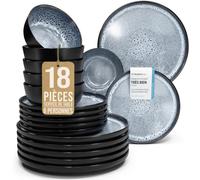 Service de table 18 pièces pour 6 personnes - Beau service de table en grès de style méditerranéen pour 6 personnes - Passe au lave-vaisselle et au micro-ondes - Service de pour 6 Bleu Gris