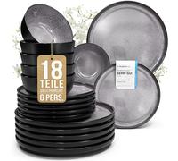 Service de table 18 pièces pour 6 personnes - Beau service de table en grès de style méditerranéen pour 6 personnes - Passe au lave-vaisselle et au micro-ondes - Service de pour 6 Gris
