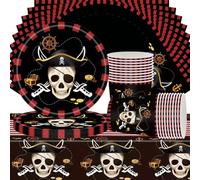 Service de table 61 pièces pour 20 invités avec assiettes, gobelets, nappe | Design pirate rétro durable pour les anniversaires, les petites fêtes de famille, les buffets de dessert et les soirées