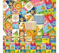 Service de table 61 pièces sur le thème des animaux avec décorations pour fête d'anniversaire avec lions, renards et zèbres, nappes, gobelets en carton, serviettes et assiettes en carton, convient
