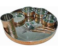 Service de table 9 pièces en acier cuivre Thali, bols, assiette halwa, cuillère, fourchette, verre, style traditionnel | Diamètre Thali 33 cm
