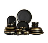 Service de table Assiettes à dîner en porcelaine noire Plats de cuisine Vaisselle céramique Plateau nourriture Riz Salade Nouilles Bol Ensemble couverts pour la Cuisine(Set F(48pcs))