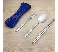 Service De Table Avec Sac En Tissu, 3 Pièces/Ensemble, En Acier Inoxydable, Portable, Coutellerie De Camping, De Voyage, Service De Table, Coffret De Vaisselle