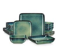 Service de table carré vert, vaisselle cuisine 16 pièces, en céramique for 4 personnes pour les repas(GREEN-16-PIECE)