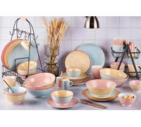 Service de Table Complet en Porcelaine, Collection PATTERN COLOR SR-COC26 BJORN 42 Pièces pour 6 Personnes, Bleu Clair/Rouge/Jaune, Compatible Lave-vaisselle et Micro-ondes