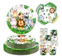 Service de table d'anniversaire Safari Jungle - Décorations de 1er anniversaire animal sauvage - 40 assiettes plates, 40 assiettes à dessert, 40 tasses, 40 serviettes pour enfants, garçons, fête