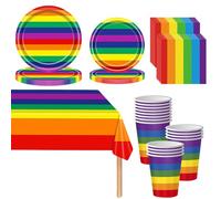 Service de table de fête arc-en-ciel de 69 pièces - Kit de vaisselle arc-en-ciel pour fêtes d'anniversaire d'enfants - Comprend assiettes, serviettes, tasses et nappe - Fournitures de fête colorées