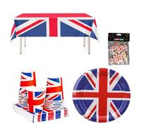 Service de table de fête Union Jack - Nappe de table, 10 tasses, 20 assiettes, 25 serviettes et 30 drapeaux pour défilé d'anniversaire du roi, célébrations britanniques et événements royaux