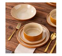 Service de Table en Céramique 12pcs, Bord Haut et Droit-émail Cuit au Four, 4 Assiettes Plates/Dessert et Bol, 4 personnes - Marron