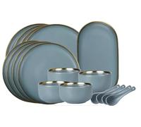 Service de table en céramique à bord doré mat avec cuillère, bol céréales, assiette dessert, steak for le dîner, ensemble d'assiettes et bols cadeaux pour les repas(4 people set)