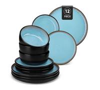 Service de Table en Céramique de 12 pièces, Glaçure Mate, 4pcs Assiettes Plates/Desserts et Bols - 4 personnes - Bleu