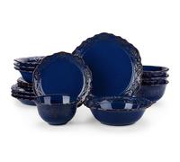 Service de table en faïence, 16 pièces, service combiné avec assiettes plates, assiettes à gâteaux, assiettes à soupe et bols pour 4 personnes, bleu
