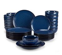 Service de table en faïence, set de 32 pièces, service combiné avec assiettes à manger, assiettes à gâteaux, assiettes à soupe et bols pour 8 personnes, motif hexagonal