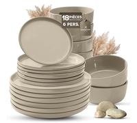 Service de table en grès cérame pour 6 personnes, 18 pièces, plus massif et plus résistant aux rayures que les assiettes et bols en grès, beige brillant, vaisselle de table 6 assiettes plates