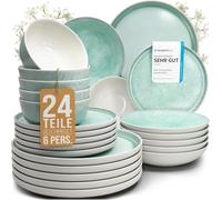 Service de table en grès Ibiza - 24 pièces pour 6 personnes Pure Living - Vaisselle méditerranéenne, assiettes et bols - Passe au lave-vaisselle et micro-ondes - Turquoise