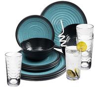 Service de table en mélamine - 16 pièces - Aspect faïence élégant - Bleu - Avec verre à eau de 260 ml transparent - Pour 4 personnes - Vaisselle à eau - Verre à eau - Whisky - Vaisselle de camping -