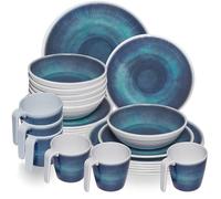 Service de table en mélamine Jesolo Bleu pour 6 personnes - 24 pièces - avec tasses Aspect grès émaillé Passe au lave-vaisselle Vaisselle de camping Accessoires de camping Vaisselle pour camping-car
