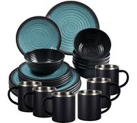 Service de table en mélamine pour 6 personnes 24 pièces avec tasses thermiques en acier inoxydable à double paroi - Aspect argile - Vaisselle de camping et pique-nique - Idéal pour le camping et