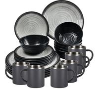 Service de table en mélamine pour 6 personnes 24 pièces avec tasses thermiques en acier inoxydable à double paroi - Aspect argile - Vaisselle de camping et pique-nique - Idéal pour le camping et