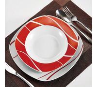 Service de table en porcelaine 18 photos, service blanc, assiettes en forme de cercle avec ligne ondulée rouge et bordure rouge, service pour 6 personnes, assiette à dîner, assiette à dessert et assie