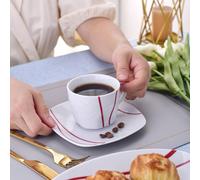 Service de table en porcelaine 30 pièces, ensemble blanc, assiettes en forme de cercle avec ligne ondulée rouge et bordure rouge, service pour 6 personnes, assiette à dîner, assiette à dessert, assiet