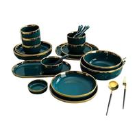 Service de table Ensemble complet de plats à steak en céramique avec assiettes vertes et dorées, bol salade, cuillère, vaisselle porcelaine pour la Cuisine(A4 set(17pcs))