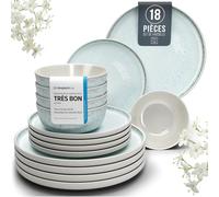 Service de Table Ibiza 18 Pièces: Vaisselle en Grès pour 6 Personnes, Adapté au Lave-Vaisselle et au Micro-Ondes, Pure Living Beige-Bleu