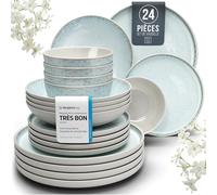 Service de Table Ibiza 24 Pièces: Vaisselle en Grès pour 6 Personnes, Adapté au Lave-Vaisselle et au Micro-Ondes, Pure Living Beige-Bleu