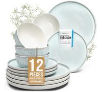 Service de table Ibiza en faïence - 12 pièces pour 4 personnes - Vainqueur du test - Vaisselle méditerranéenne, bols et assiettes - Passe au lave-vaisselle et micro-ondes - Pure Living en Beige-Bleu