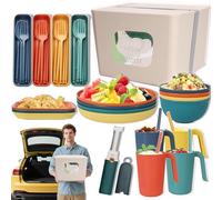 Service de table incassable 42 pièces pour 4 personnes, service de table de camping/pique-nique avec étui de rangement, assiettes, bols, tasses, couverts et fourchettes en plastique coloré