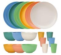 Service de table incassable, en plastique, léger, coloré, réutilisable, assiettes, bols, tasses, couverts, fourchettes, vaisselle (18)
