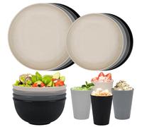 Service de table incassable pour 4 personnes, 16 assiettes et bols divisés réutilisables, assiettes, tasses, bols, couverts pour fête scolaire, camping, maison, bureau