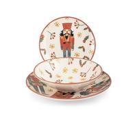 Service de table Kingdom 18 pièces en grès décoré. Comprend 6 assiettes plates de 26 cm, 6 assiettes creuses de 20,5 cm et 6 assiettes à dessert de 19,5 cm. Compatible lave-vaisselle et micro-ondes.