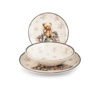 Service de table Majestic 18 pièces en grès décoré. Comprend 6 assiettes plates de 26,5 cm, 6 assiettes creuses de 20 cm et 6 assiettes à dessert de 20 cm. Compatible lave-vaisselle et micro-ondes.