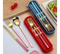 Service de table portable léger en acier inoxydable trois pièces avec cuillère, fourchette et baguettes, pour les repas en plein air et les trajets quotidiens (or rose)