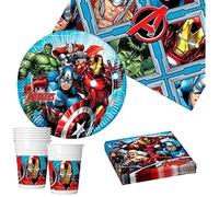 Procos Avengers Service de table pour enfants Superhéros Décoration pour anniversaire, baptême, communion (tasses, assiettes, serviettes, nappes) jetables 8 personnes 37 pièces