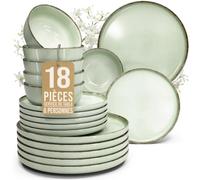 Service de table rustique en grès Rustic - 18 pièces pour 6 personnes - Vaisselle style maison de campagne Pure Living, assiettes et bols - Passe au lave-vaisselle - Vert menthe