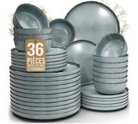 Service de table rustique en grès Rustic - 36 pièces pour 12 personnes - Vaisselle style maison de campagne Pure Living, assiettes et bols - Passe au lave-vaisselle - Bleu fumé