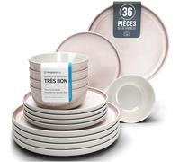 Service de Vaisselle en Grès 12 Pers. Ibiza 36 pièces - Vaisselle Méditerranéenne - Ensemble de Bols et Assiettes - Service de Table pour 12 Personnes - Pure Living Beige et Rose